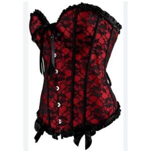 Womens M Red & Black Lace Corset Bustier Top Fairy Goth Grunge Festival Metal